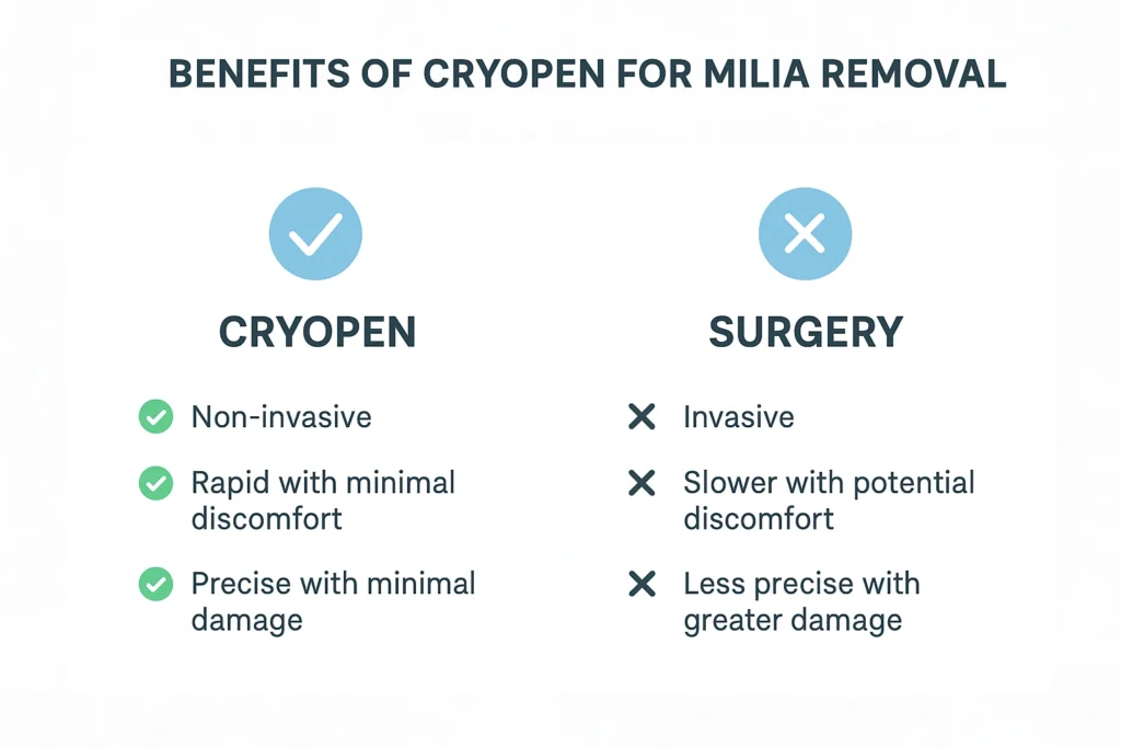 Benefits of cryopen for milia removal Leyton compared to surgical treatments.