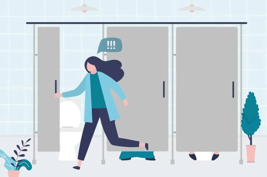 graphic of Urine incontinence Leyton woman running to the toilet.
