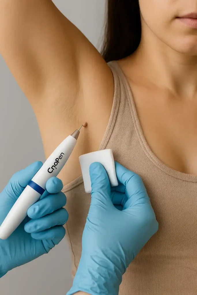 woman having cryopen to remove underarm skin tags Leyton