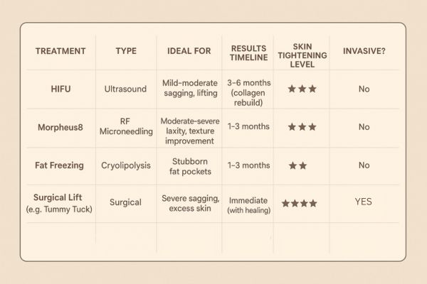 Table showing the comparisons of Skin tightening Leyton treatment options.
